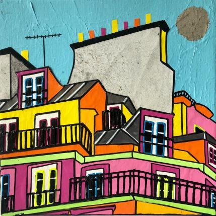 Peinture Tout le bleu du ciel par Lovisa | Tableau Pop-art Acrylique, Collage, Feuille d'argent, Posca, Upcycling Urbain