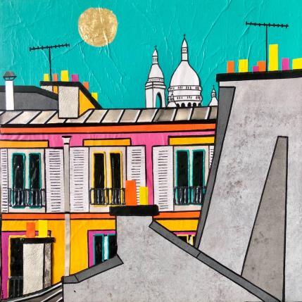 Peinture Un printemps à Montmartre par Lovisa | Tableau Figuratif Acrylique, Collage, Feuille d'or, Posca, Upcycling Urbain