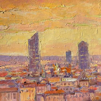 Peinture Crépuscule sur les toits de Lyon par Arkady | Tableau Figuratif Huile Architecture, Paysages