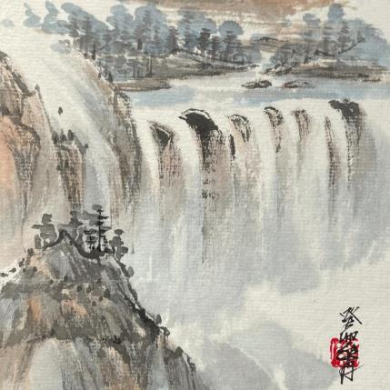 Painting High Waterfall by Yu Huan Huan | Painting Figurative Ink Landscapes