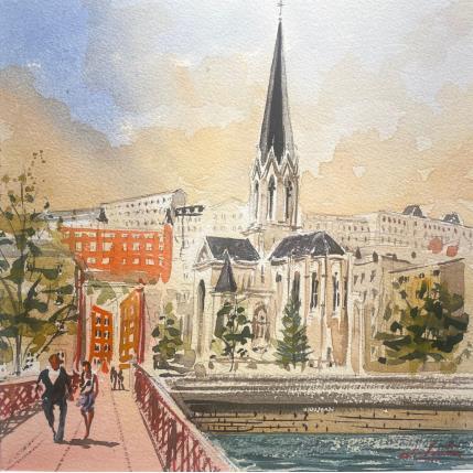 Peinture Une promenade sur le pont par De León Lévi Marcelo | Tableau Figuratif Aquarelle Urbain