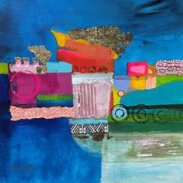 Peinture Le village des roues par Lau Blou | Tableau Abstrait Acrylique, Collage, Feuille d'or, Papier Paysages