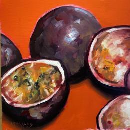 Painting fruits de la passion gros plan  by Morales Géraldine | Painting Figurative Oil Still-life