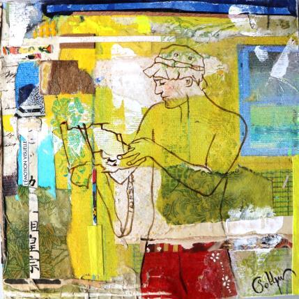 Painting F2 AJUSTER LE MONDE 10029-1558-20240214-3 by Sablyne | Painting Figurative Acrylic, Cardboard, Gluing, Gold leaf, Ink, Paper, Pastel, Pigments, Upcycling, Wood Life style, Pop icons