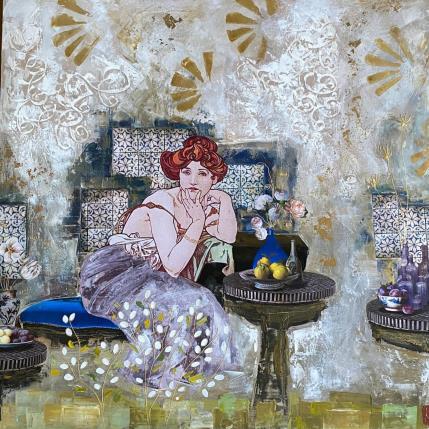 Pintura Le goût de tes lèvres  por Romanelli Karine | Pintura Figurative Acrylic, Gluing, Gold leaf, Paper, Pastel, Posca Life style, Portrait