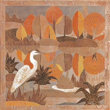 Peinture  HERON. Aspect fer oxydé et tons d'orange par Devie Bernard  | Tableau Matiérisme Acrylique Animaux, Paysages