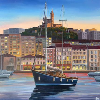 Peinture Le port de Marseille entre chien et loup par Alice Roy | Tableau Figuratif Acrylique Architecture, Marine, Paysages