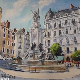 Painting Fontaines des trois ordres Grenoble by Lallemand Yves | Painting Figurative Acrylic Urban