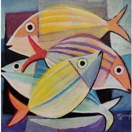 Gemälde AQ 29 Quatre poissons 2 von Burgi Roger | Gemälde Figurativ Acryl Pop-Ikonen, Stillleben