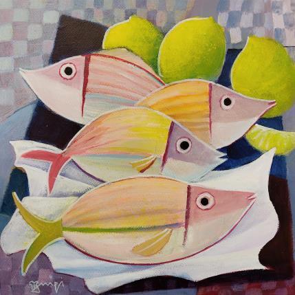 Peinture AQ 31 Poissons et citrons par Burgi Roger | Tableau Figuratif Acrylique Natures mortes