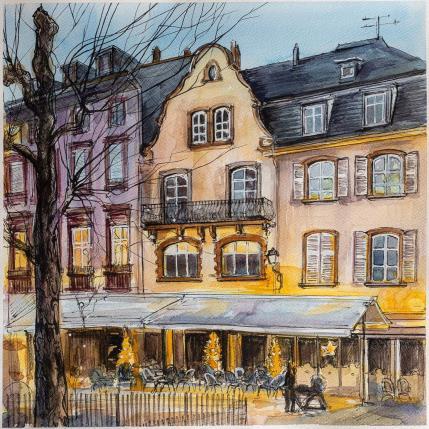 Peinture Marché de Noel à Colmar par Sorokopud Angelina | Tableau Réalisme Aquarelle Urbain