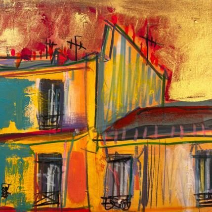 Peinture Le piaillement d'un moineau sur le toit par Anicet Olivier | Tableau Figuratif Acrylique, Pastel Architecture, Urbain