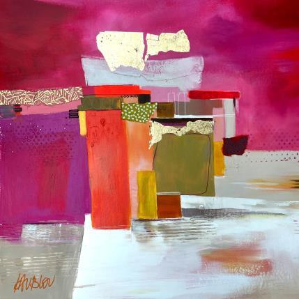 Peinture Au bord du fleuve blanc par Lau Blou | Tableau Abstrait Acrylique, Carton, Collage, Feuille d'or, Papier Paysages