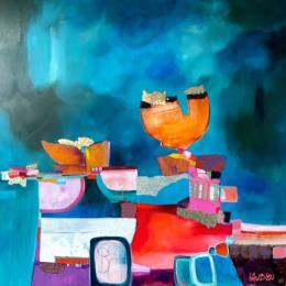 Painting The temple of balance by Lau Blou | Painting Abstract Acrylic, Cardboard, Gluing, Gold leaf Landscapes