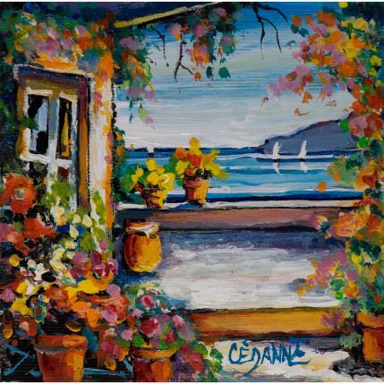 Painting Vue sur la mer depuis la terrasse fleurie by Cédanne | Painting Figurative Acrylic, Oil Landscapes, Marine