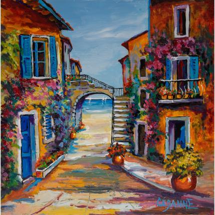 Painting Passerelle dans la vieille ruelle fleurie by Cédanne | Painting Figurative Acrylic, Oil Landscapes, Life style, Marine