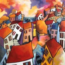 Peinture Village enchanté  par Fauve | Tableau Figuratif Acrylique Paysages