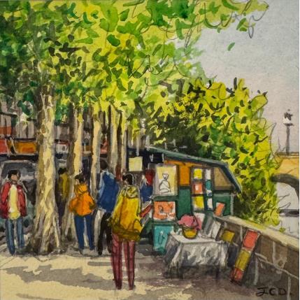Peinture Bouquinistes des quais avant le Pont-Neuf par Decoudun Jean charles | Tableau Figuratif Aquarelle Urbain