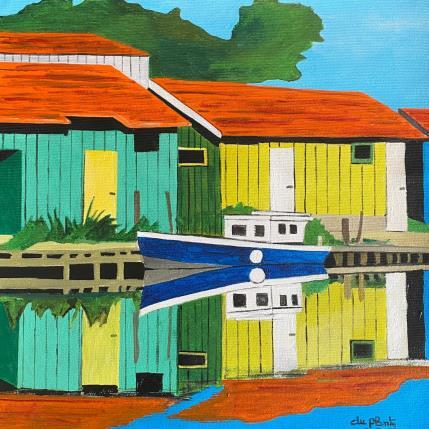 Peinture Les cabanes et le bateau par Du Planty Anne | Tableau Figuratif Acrylique Architecture, Marine