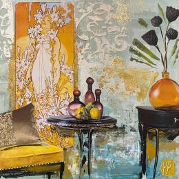 Peinture Les jours d été  par Romanelli Karine | Tableau Figuratif Acrylique, Collage, Feuille d'or, Papier, Pastel, Posca Portraits, Scènes de vie