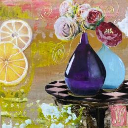 Painting Flower power by Romanelli Karine | Painting Figurative Acrylic, Gluing, Paper, Pastel, Posca Still-life