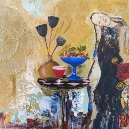 Painting Pensive  by Romanelli Karine | Painting Figurative Acrylic, Gluing, Gold leaf, Paper, Pastel, Posca Life style