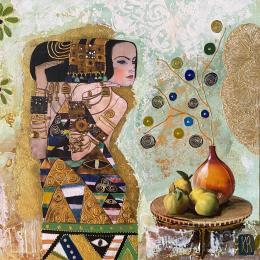 Peinture Alissa par Romanelli Karine | Tableau Figuratif Acrylique, Collage, Feuille d'or, Papier, Pastel, Posca Scènes de vie