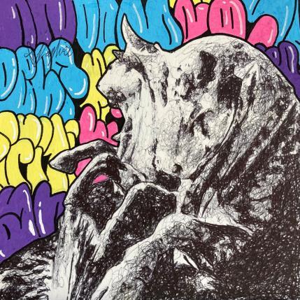 Peinture taureaux aux tags  par André Raphaël | Tableau Figuratif Acrylique Animaux, Portraits, Urbain