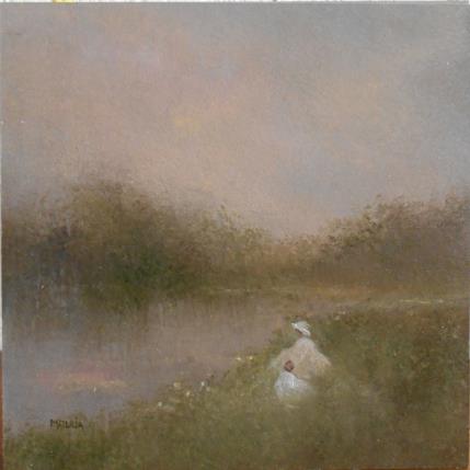 Peinture Repos en bord de rivière par Moulia Francis | Tableau Impressionnisme Carton, Huile Scènes de vie