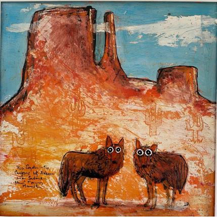 Peinture Coyote in Sedona par Maury Hervé | Tableau Art Singulier Encre, Posca, Sable Animaux