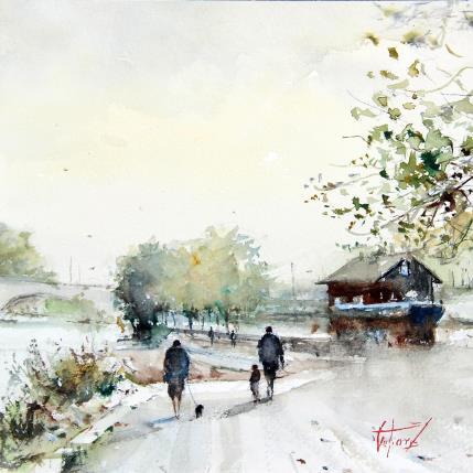 Peinture Promenade des gabares - Tours par Gutierrez | Tableau Impressionnisme Aquarelle Paysages