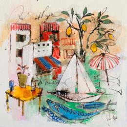 Painting Le bal des sardines by Colombo Cécile | Painting Naive art Acrylic, Gluing, Ink, Pastel, Watercolor Landscapes, Life style, Nature, Pop icons