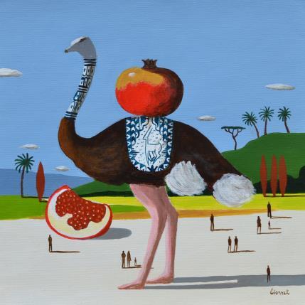 Peinture  Autruche et grenades par Lionnet Pascal | Tableau Surréalisme Acrylique Animaux, Natures mortes, Scènes de vie