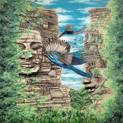 Peinture LE PAON D'ANGKOR VAT par Geiry | Tableau Matiérisme Acrylique, Pigments, Poudre de marbre Animaux, Nature, Paysages