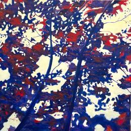 Painting Feuillages en bleu et rouge by Fièvre Véronique | Painting Figurative Acrylic