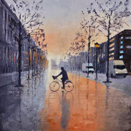 Peinture Sur les Champs, au petit matin par Martin Laurent | Tableau Figuratif Huile Scènes de vie, Société, Urbain