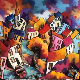 Peinture Village arc en ciel  par Fauve | Tableau Figuratif Acrylique Paysages