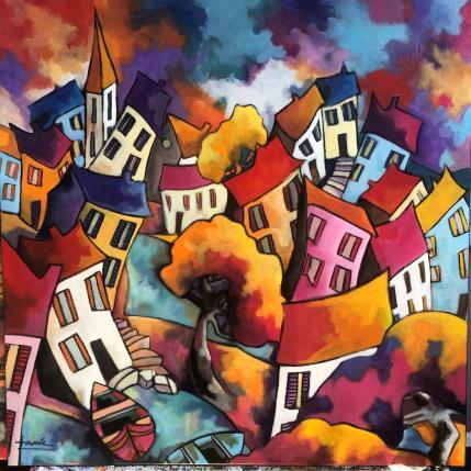 Peinture Village arc en ciel  par Fauve | Tableau Figuratif Acrylique Paysages