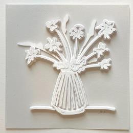 Painting Happy flowers with a striped vase by Ryder Susan | Painting Figurative Paper Black & White, Life style, Pop icons, Still-life