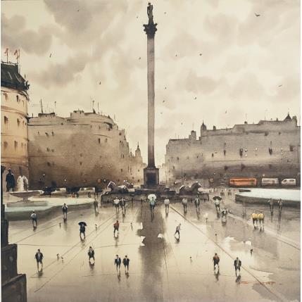Peinture Trafalgar Square after rain III par Dandapat Swarup | Tableau Figuratif Aquarelle Urbain
