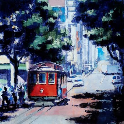 Peinture San Francisco red tram par Poumès Jérôme | Tableau Figuratif Acrylique Urbain