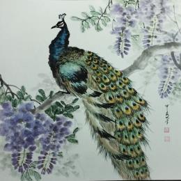 Painting Peacock by Du Mingxuan | Painting Figurative Ink, Watercolor Animals