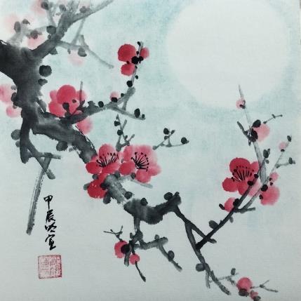 Peinture Red blossom under moon par Du Mingxuan | Tableau Figuratif Aquarelle, Encre Nature