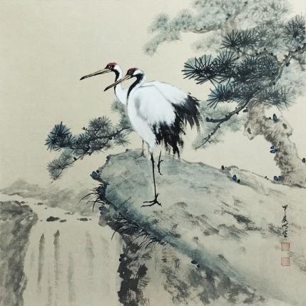 Peinture Red-crowned cranes par Du Mingxuan | Tableau Figuratif Aquarelle, Encre Animaux, Nature, Paysages