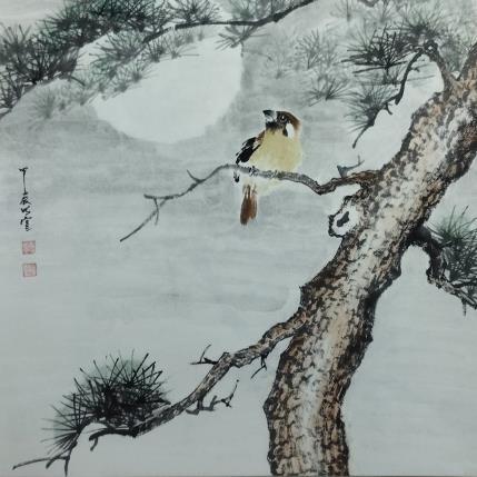 Peinture Sparrow and pine tree par Du Mingxuan | Tableau Figuratif Aquarelle, Encre Animaux, Nature