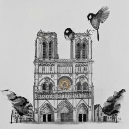 Painting Notre dame by Mü | Painting Figurative Gold leaf, Ink Animals, Architecture, Black & White