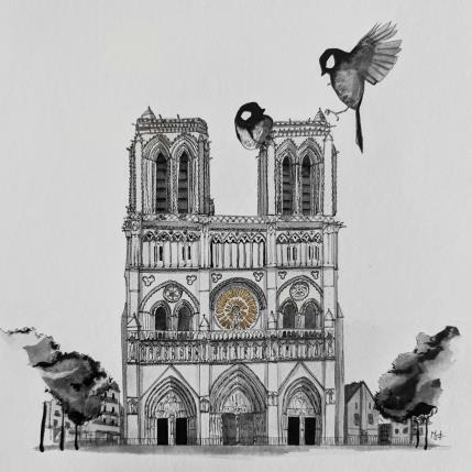 Peinture Notre dame par Mü | Tableau Figuratif Encre, Feuille d'or Animaux, Architecture, Noir & blanc