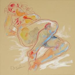 Painting Aurora couchee mains sur le ventre by Brunel Sébastien | Painting Figurative Gouache, Watercolor Nude, Pop icons