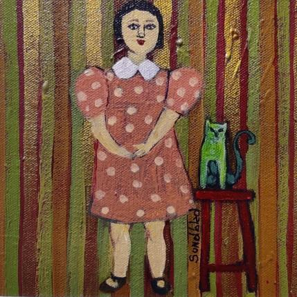 Peinture The little girl and the green cat par Sundblad Silvina | Tableau Art naïf Acrylique, Pastel