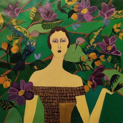 Peinture The lady with the violet flowers par Sundblad Silvina | Tableau Art naïf Acrylique, Pastel